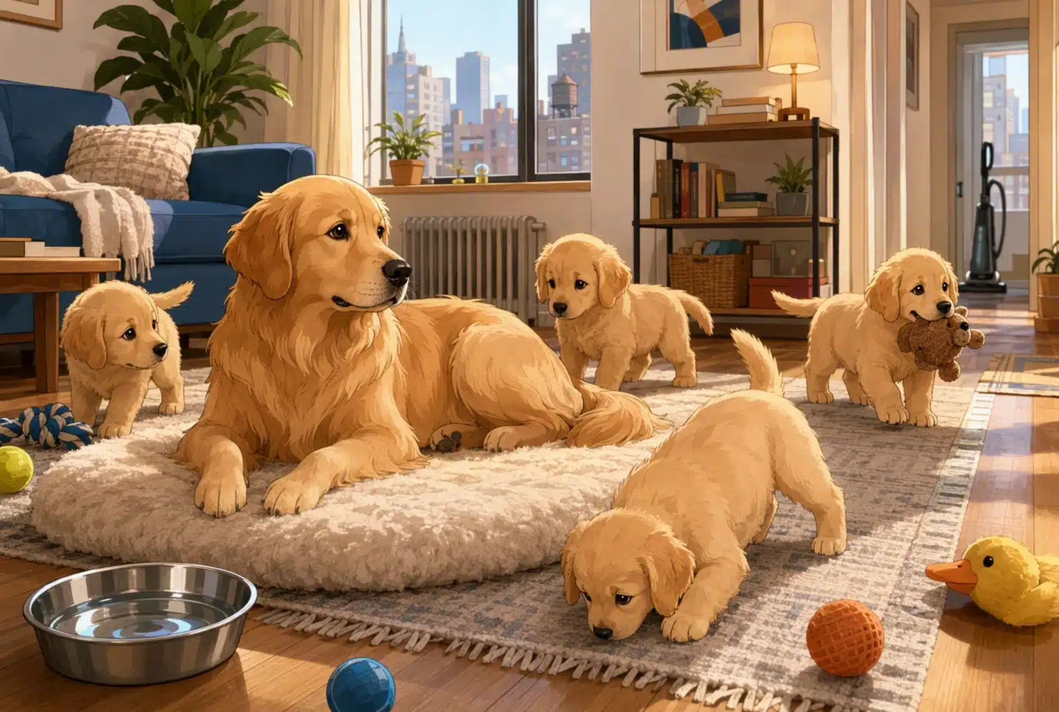 Calm mother dog with exploring puppies in bright home