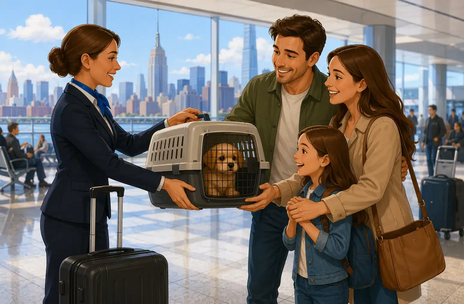 Flight nanny handing puppy carrier at airport arrival