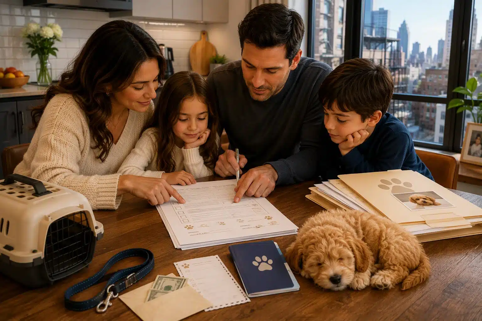 Family reviewing puppy contract at kitchen table with sleeping havapoo