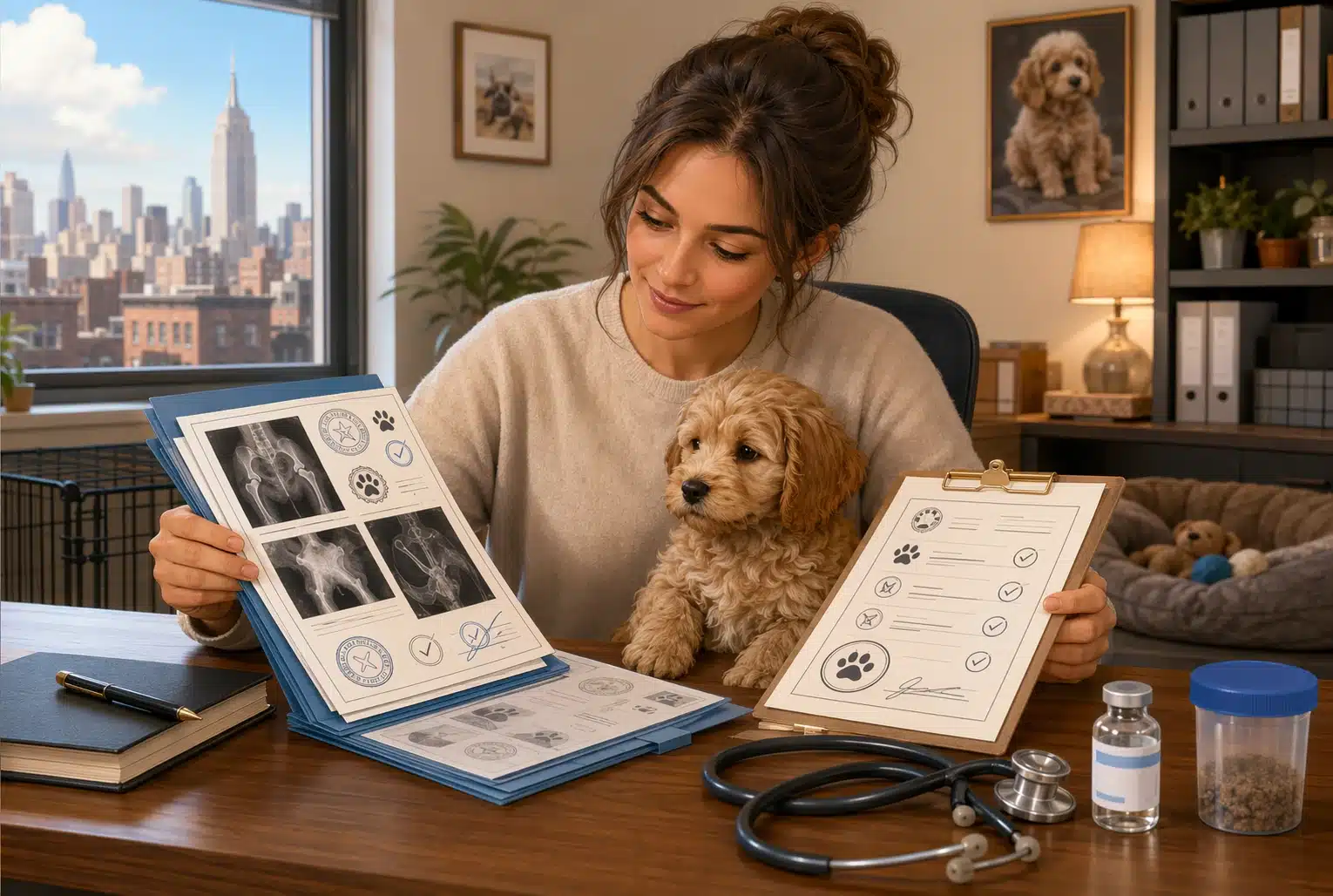 Breeder reviewing OFA certificates and puppy