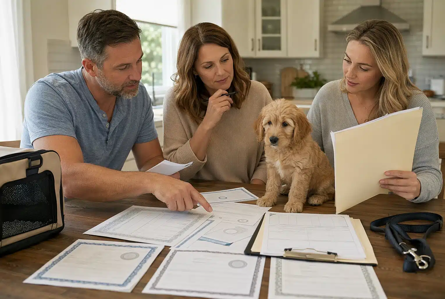 Family reviewing puppy health records at kitchen table