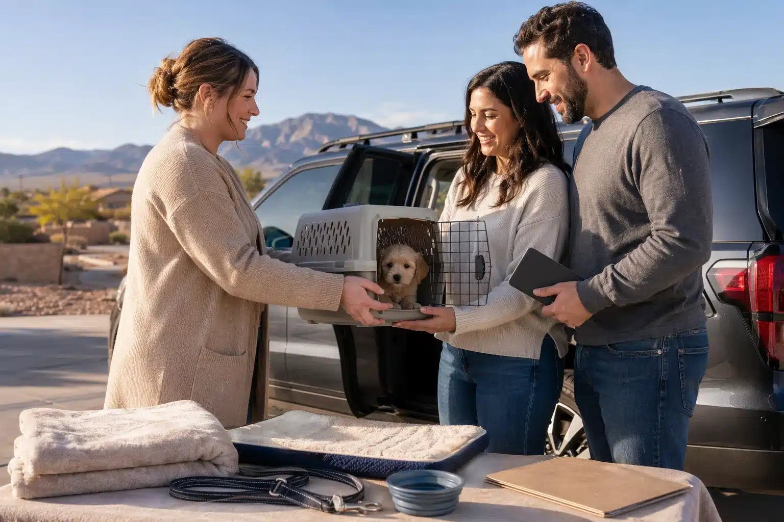 Family receiving puppy carrier beside parked SUV