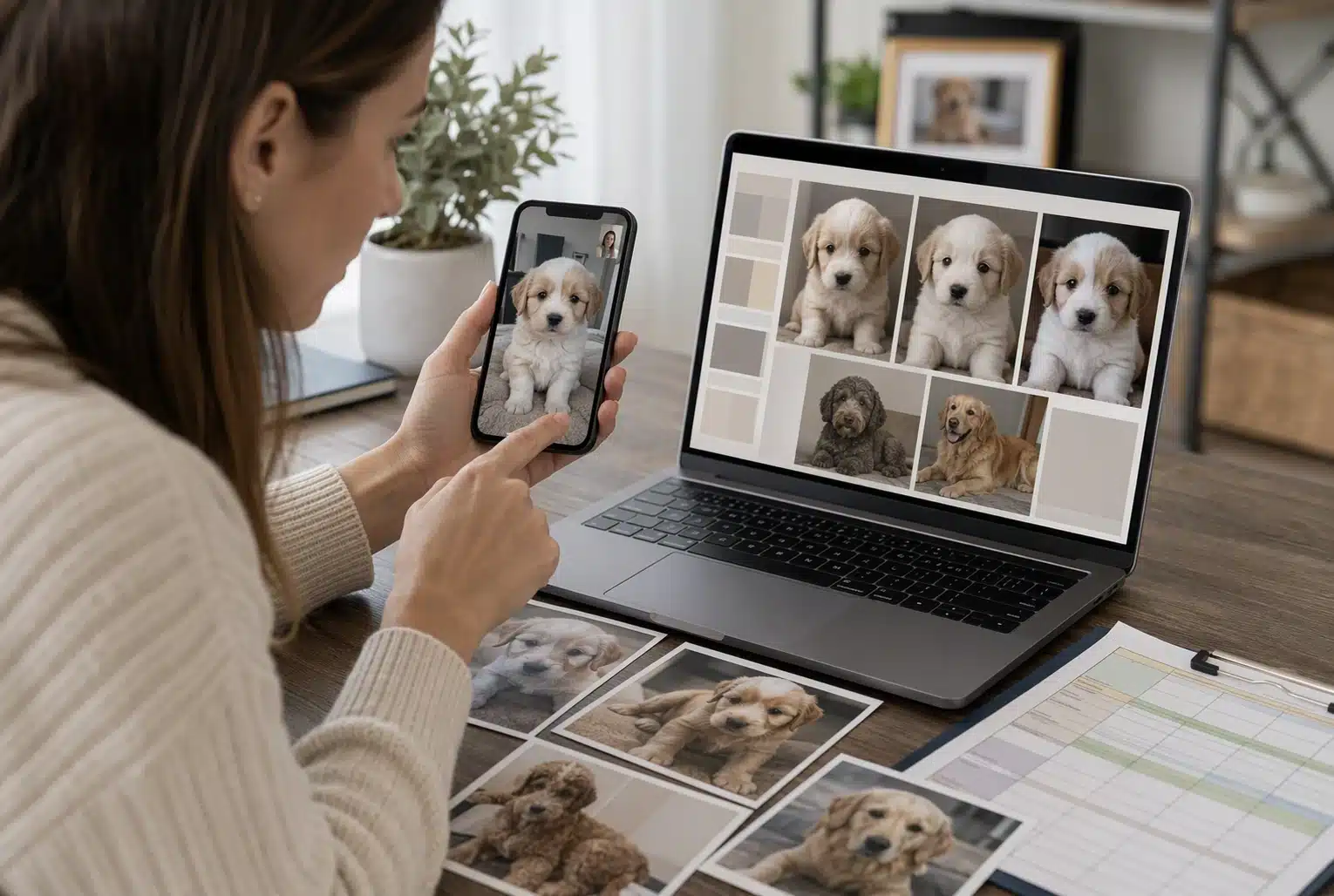 Buyer compares puppy photos with live video call on smartphone