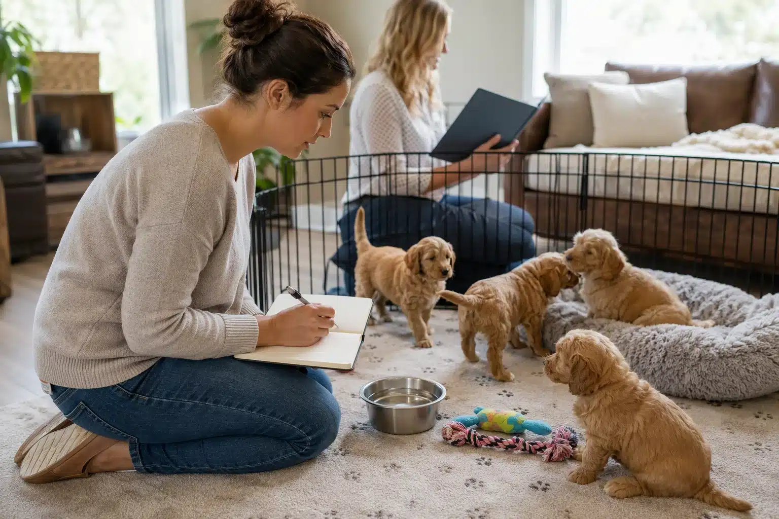Parent reviewing puppy notes during breeder visit