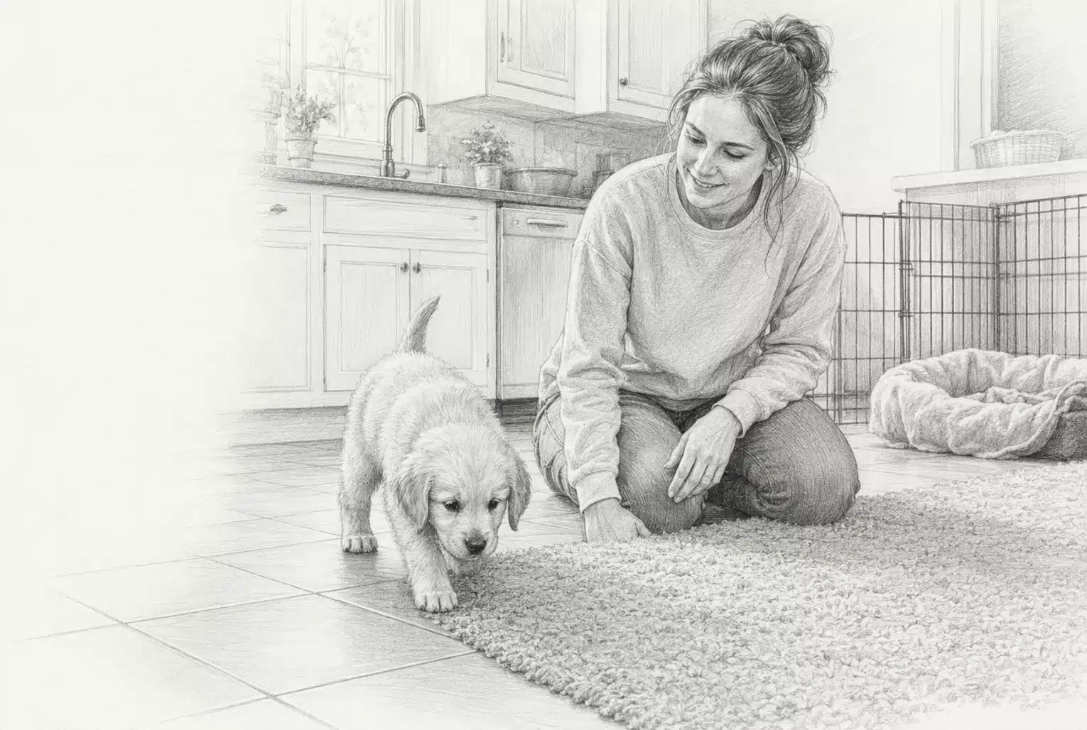 Puppy exploring tile and rug surfaces beside calm breeder