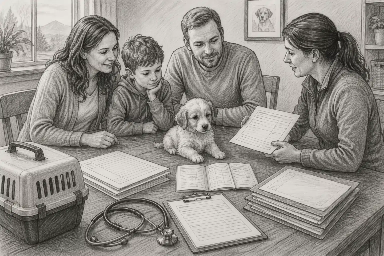Family reviewing puppy health records at table