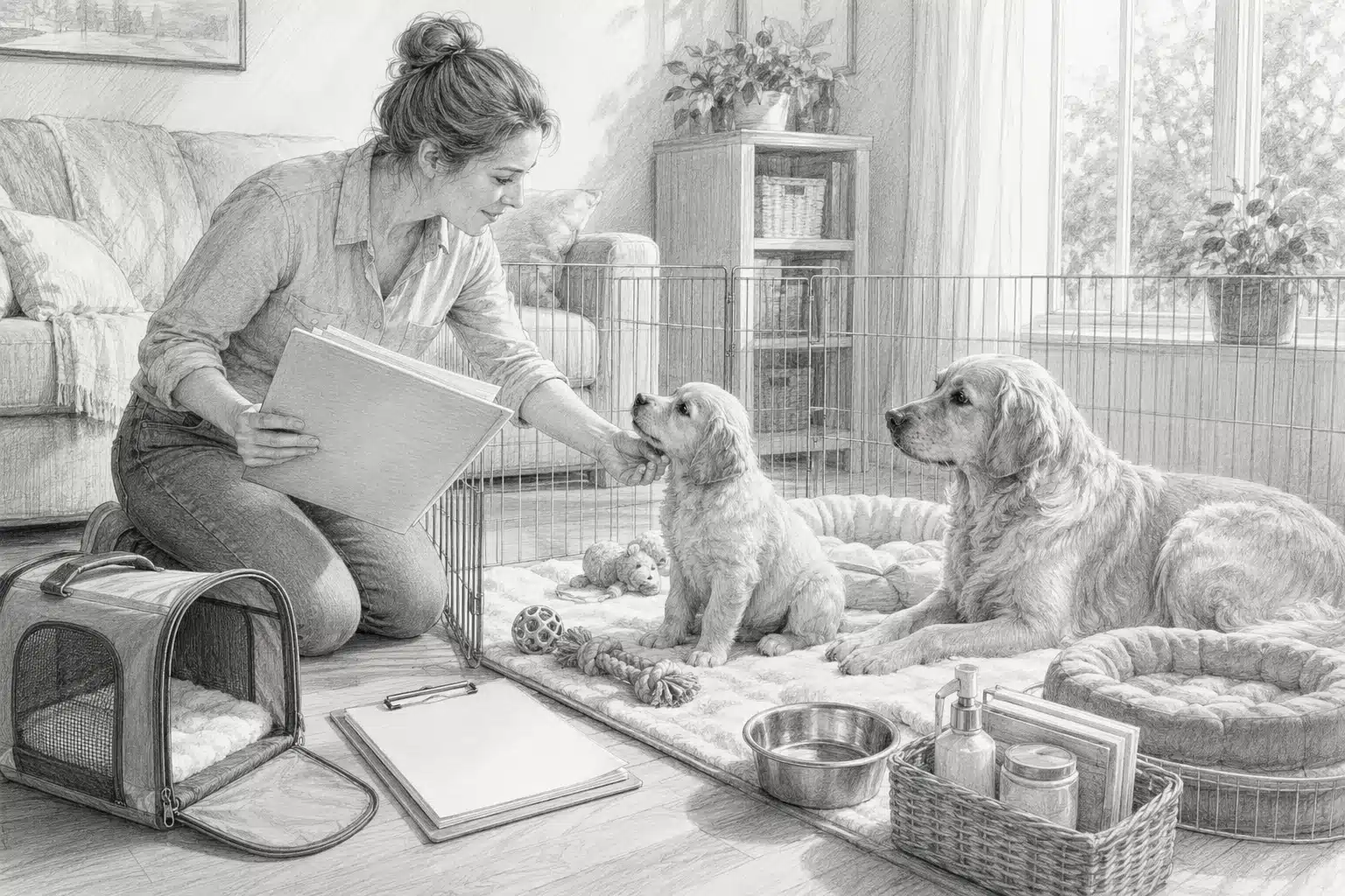 Breeder with puppy and parent dog in living room