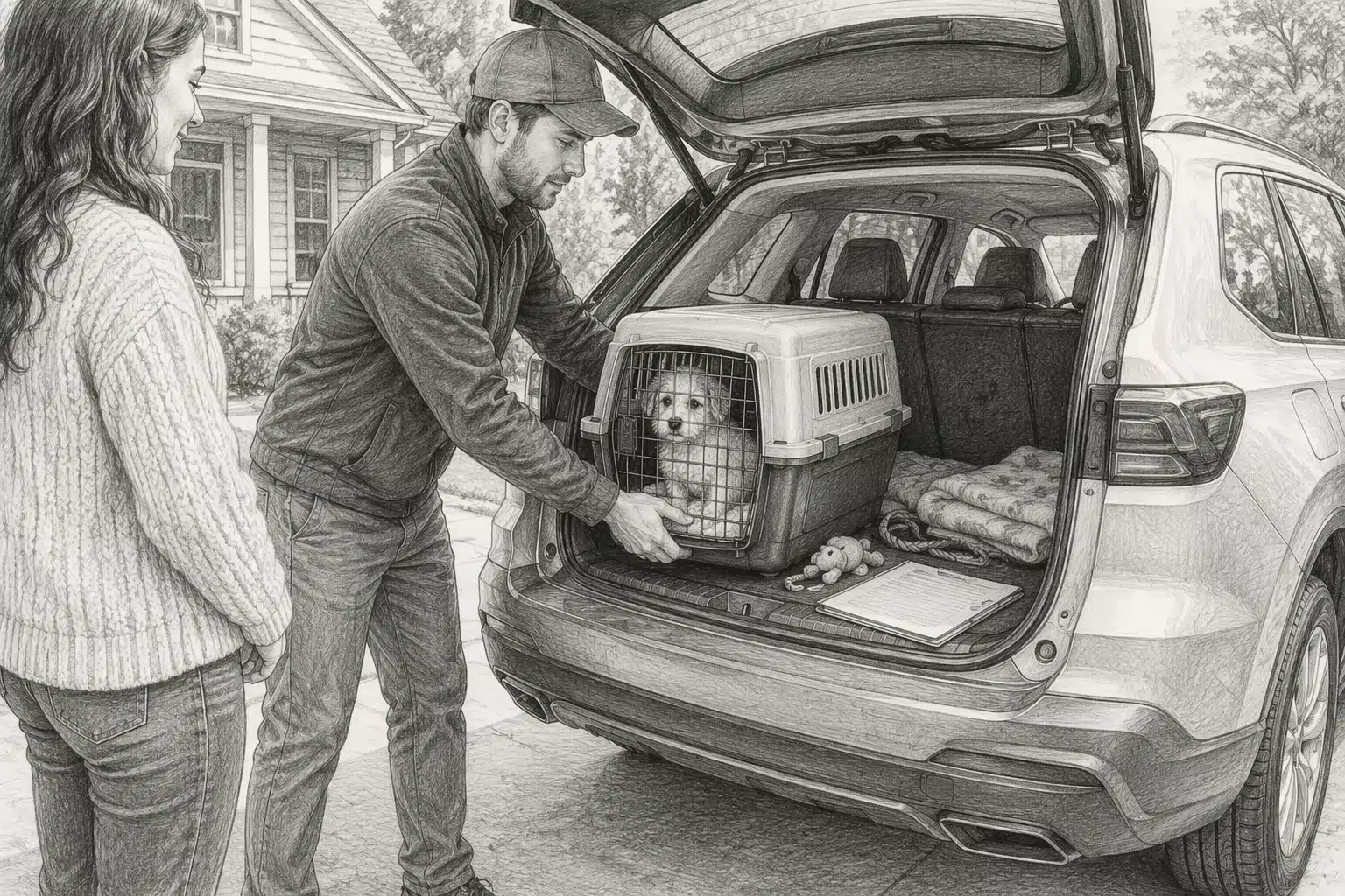 Driver loading puppy carrier into SUV