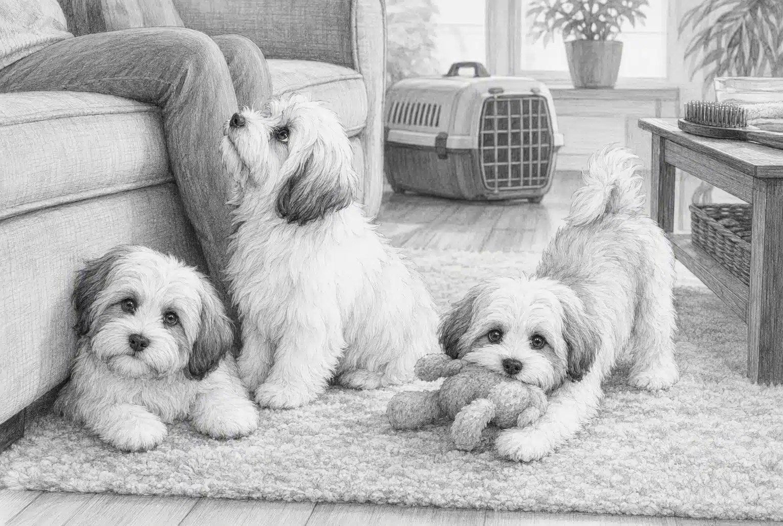 Three playful Havanese puppies beside a living room sofa