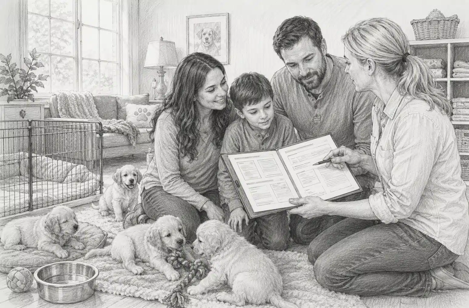 Family reviewing puppy health records in bright nursery