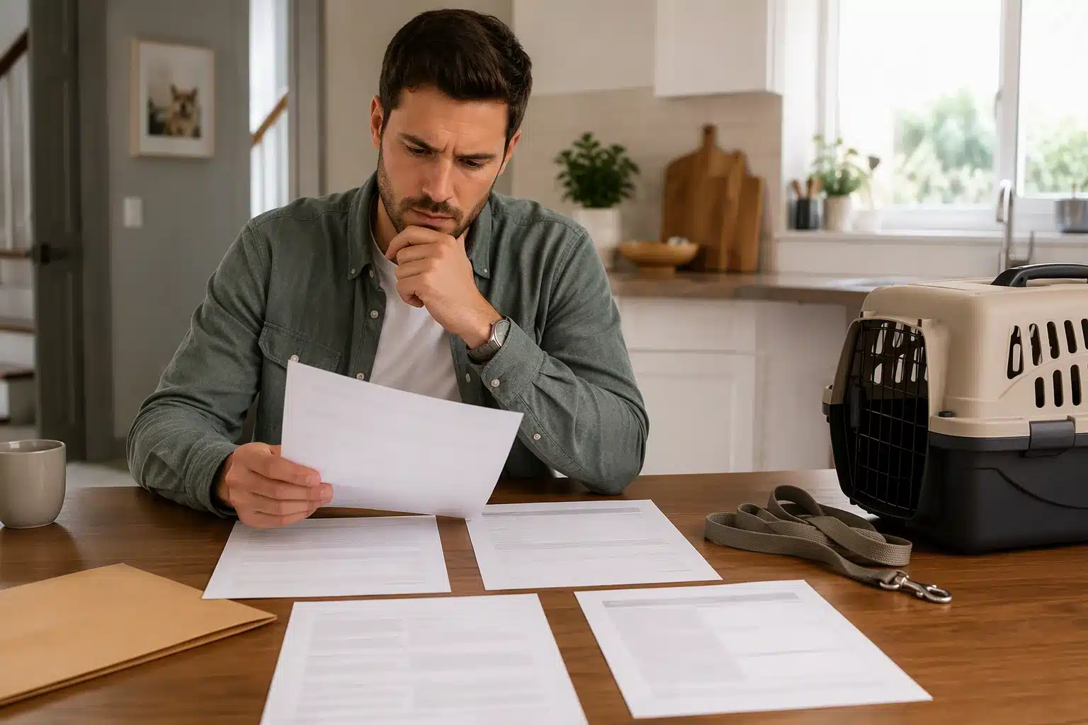 Buyer reviewing puppy reservation agreement at kitchen table