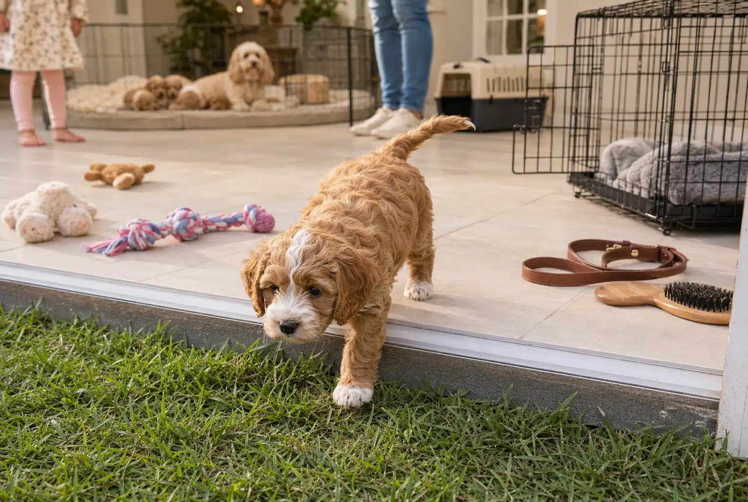 Young cavapoo exploring family room with toys