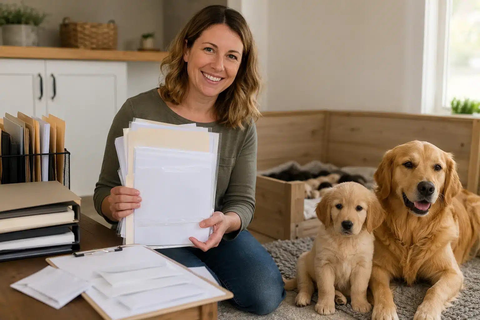 Breeder holding puppy health records beside calm mother dog