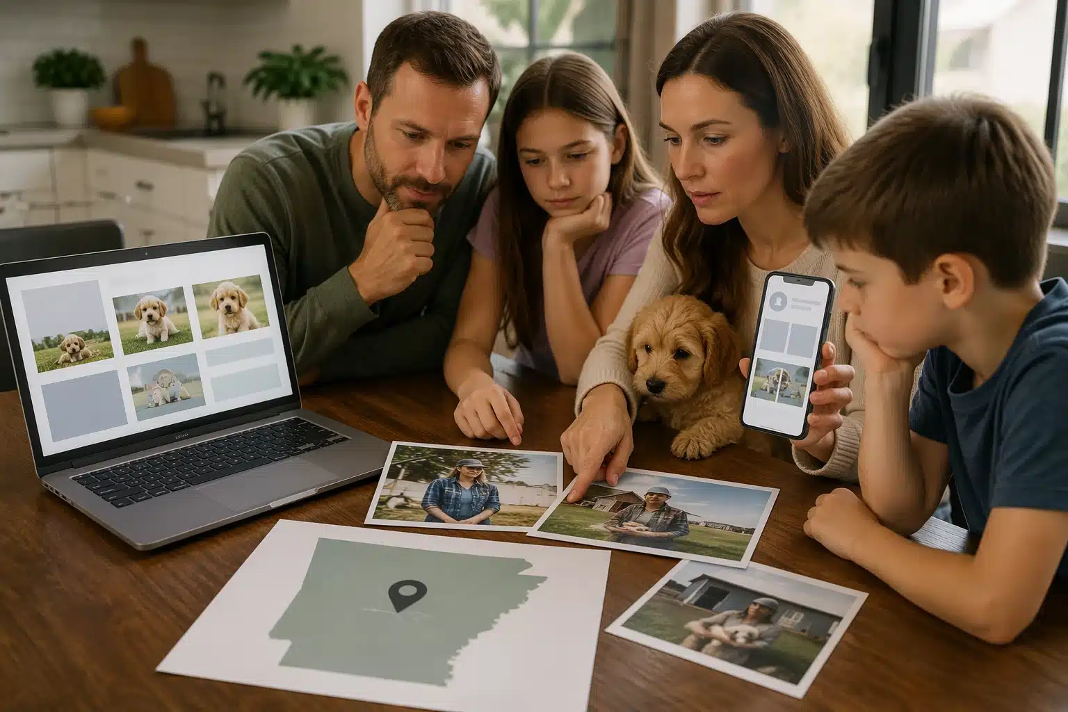 Family reviewing puppy listing with breeder photos and Arkansas map