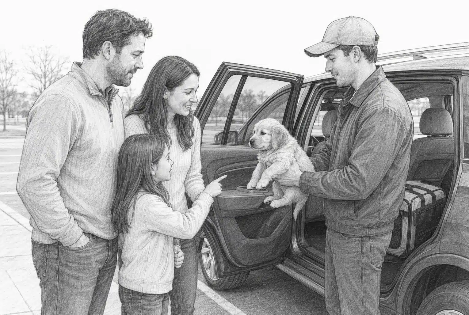Puppy handoff beside car seat and carrier