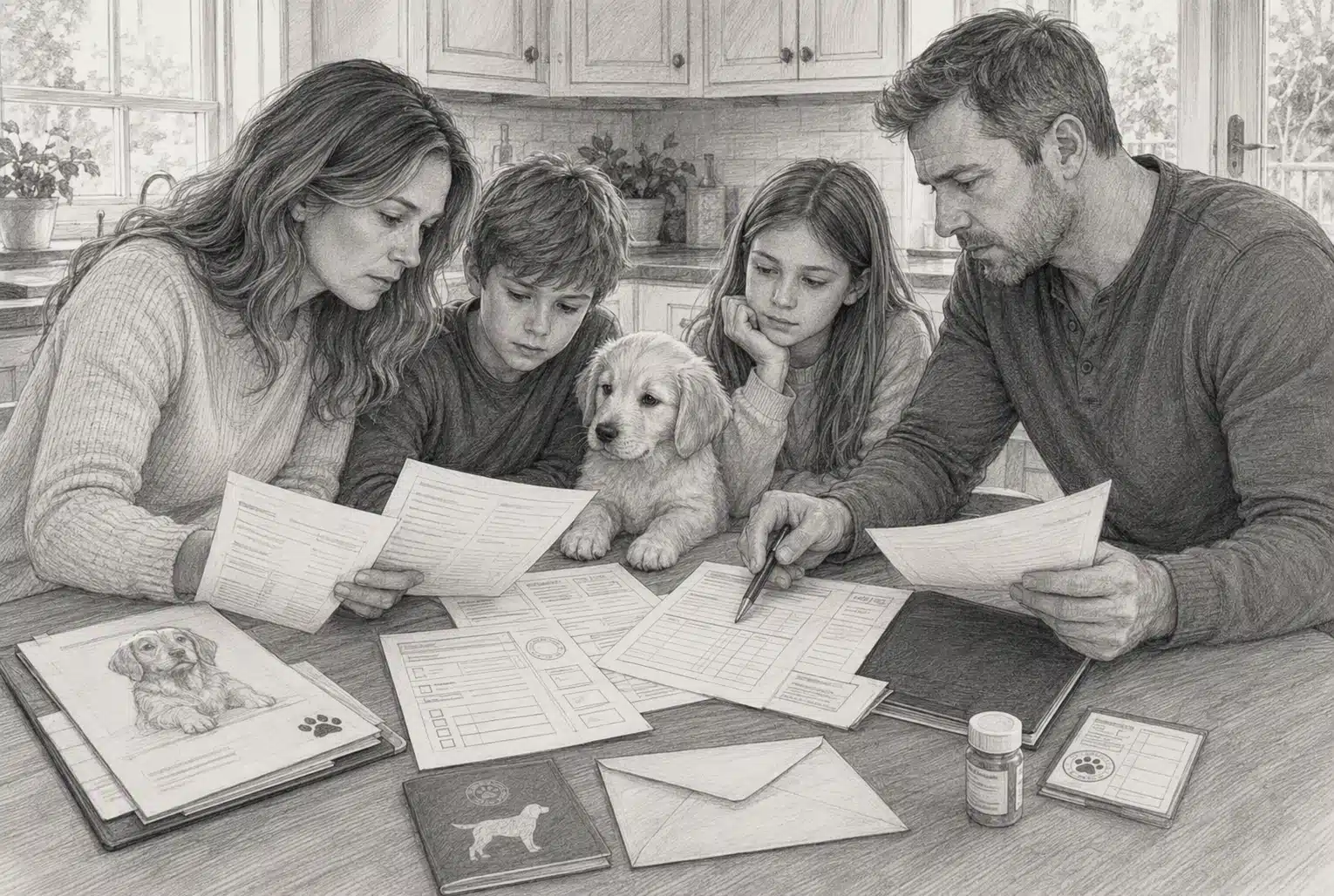 Family reviewing puppy vaccination records at kitchen table