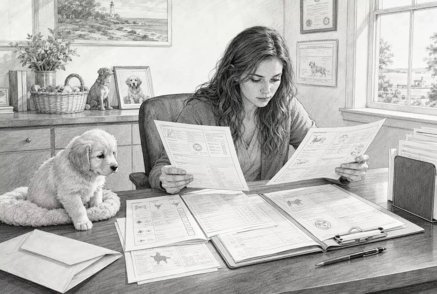 Prospective buyer comparing puppy health records and breeder notes