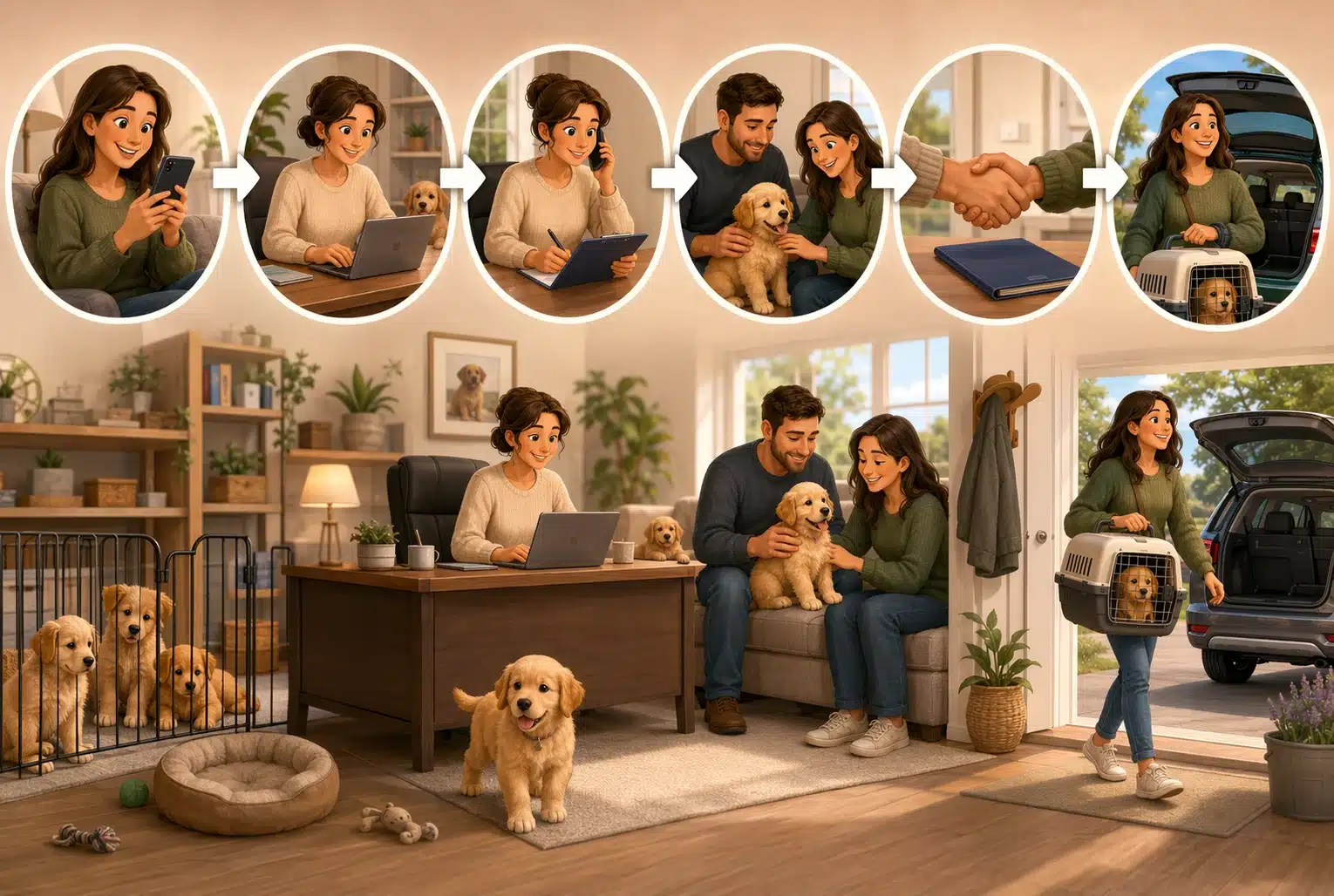 Cartoon breeder and owner discussing puppy inquiry flow
