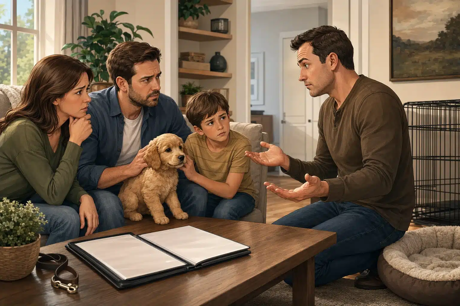 A family discusses adopting a fluffy golden retriever puppy in a living room, with a man gesturing emphatically and a child looking on with concern. This image relates to finding puppies for sale in Georgia.
