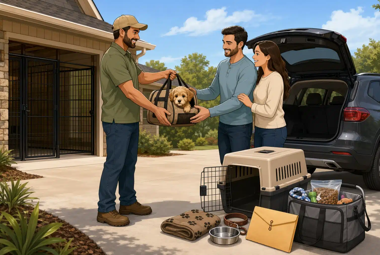 Breeder handing puppy travel bag to parents beside car