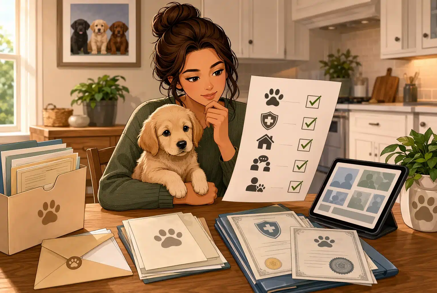 Parent holding puppy while reviewing breeder checklist at kitchen table