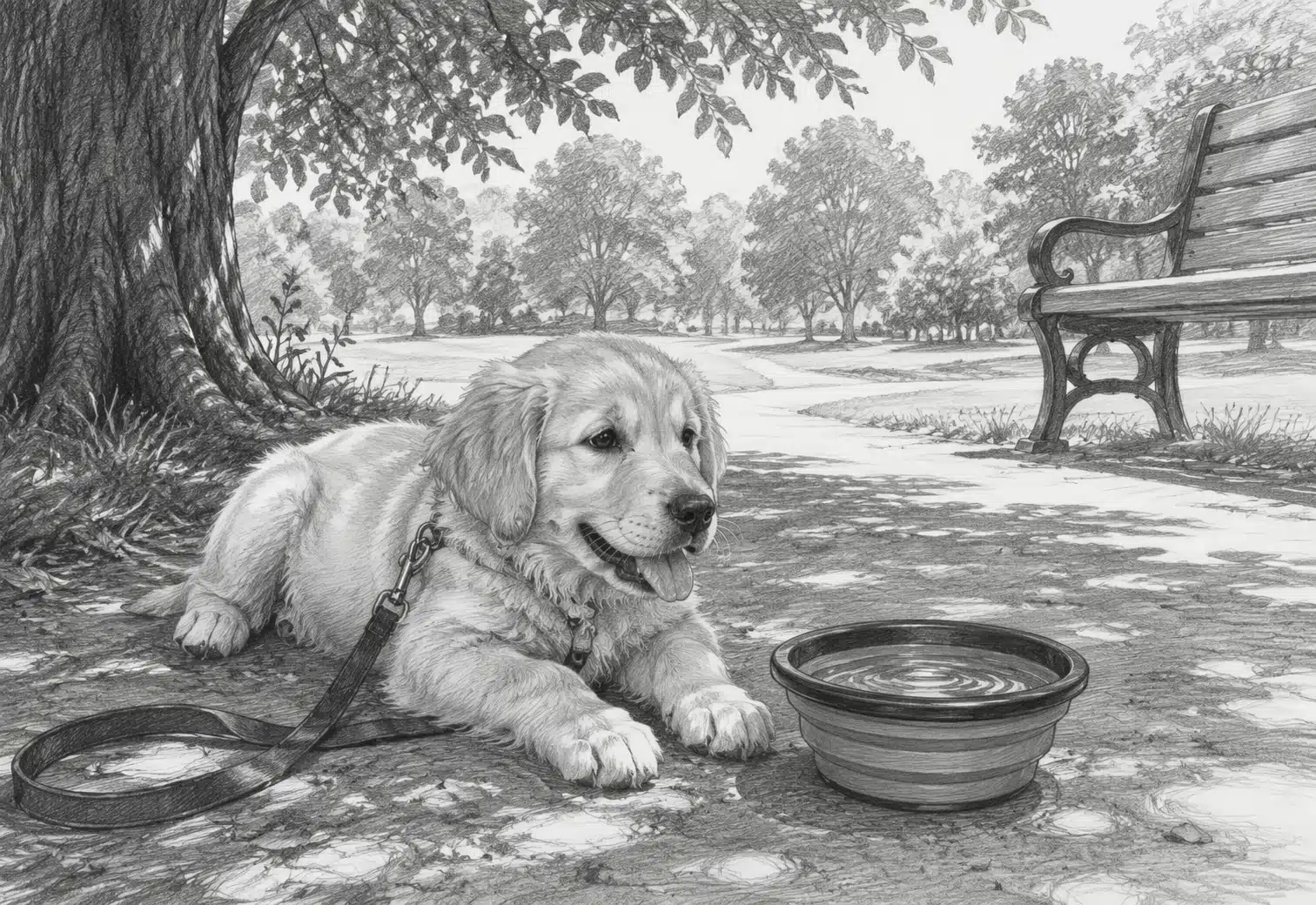 Puppy resting beside water bowl in shaded park
