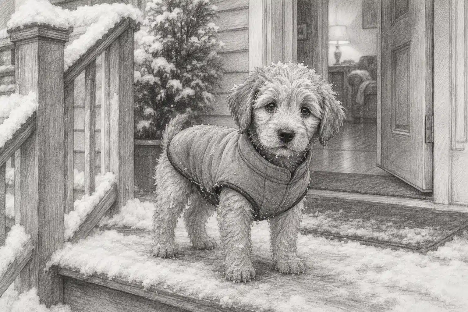 Small puppy in winter coat on snowy porch