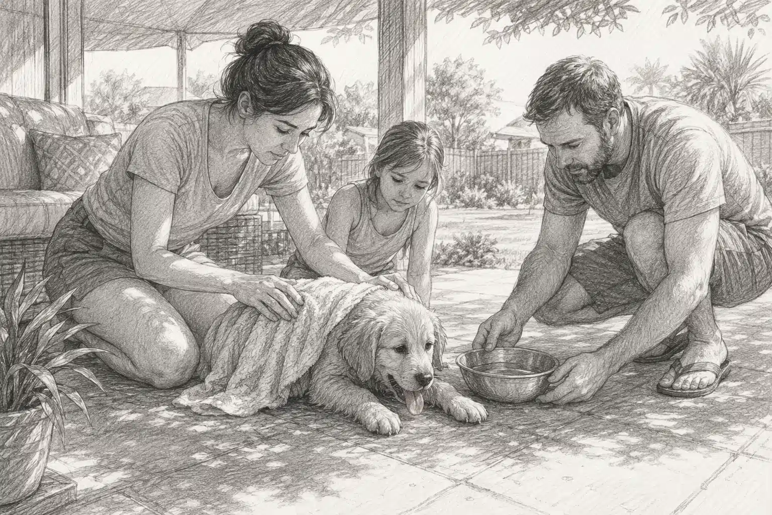 Family cooling puppy with damp towel in shaded backyard