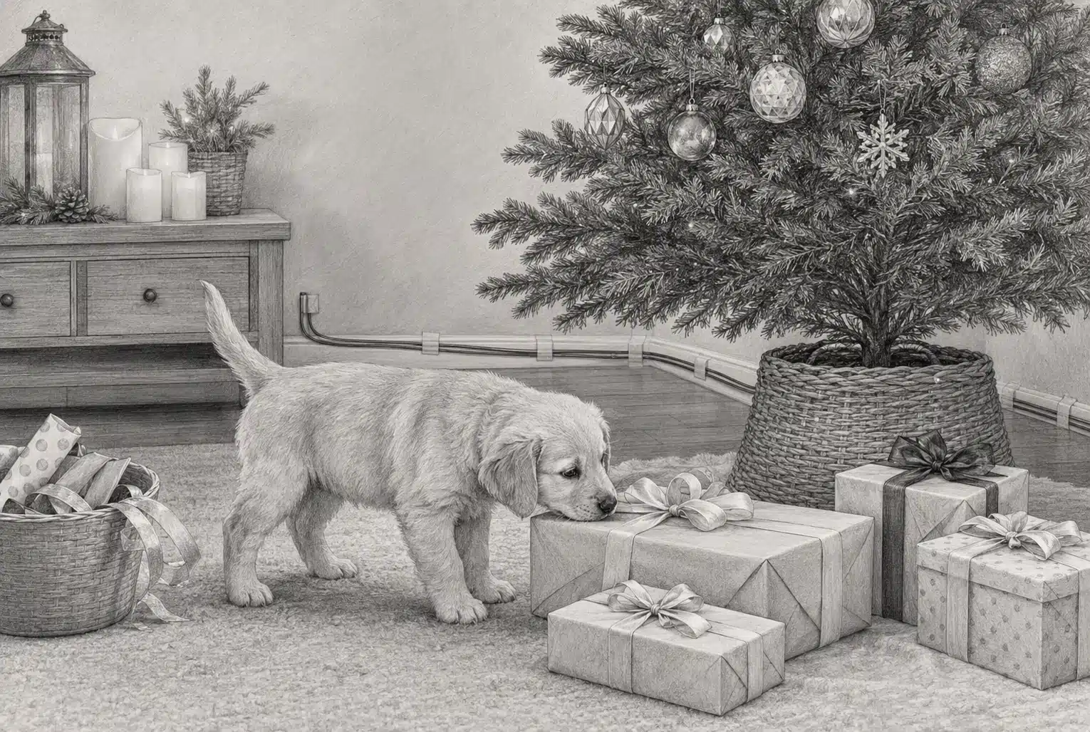 Puppy sniffing wrapped gifts near decorated tree