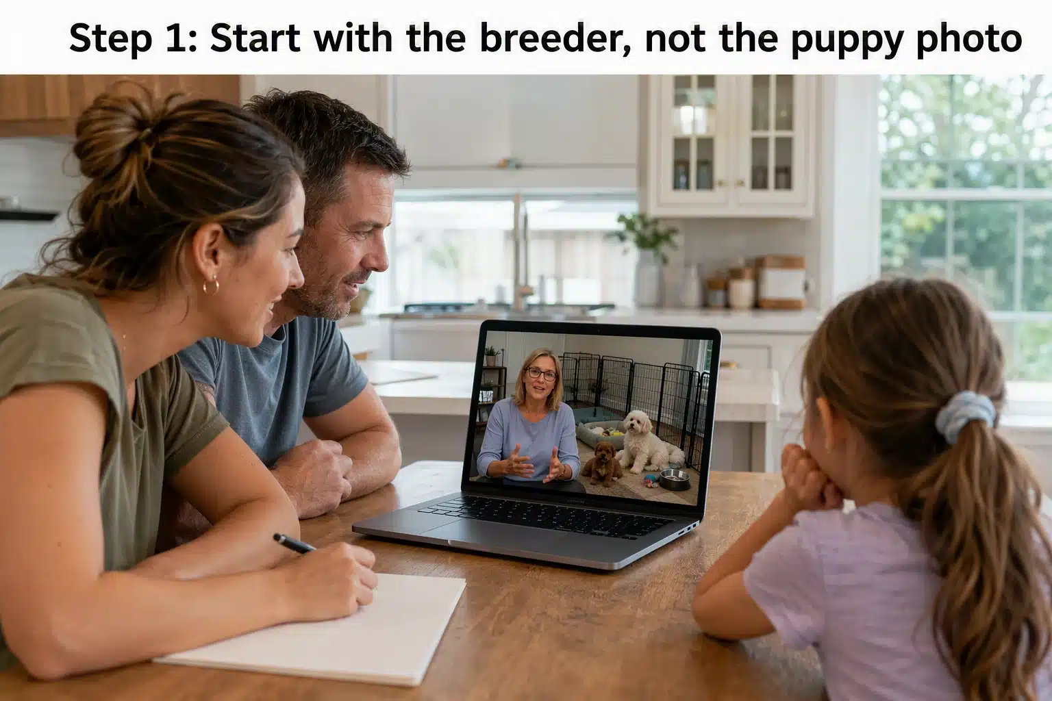 Family video call with breeder and puppy play area