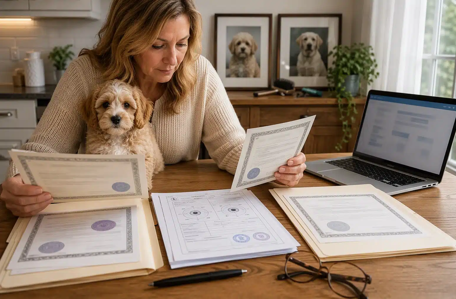 Breeder reviewing health certificates at kitchen table