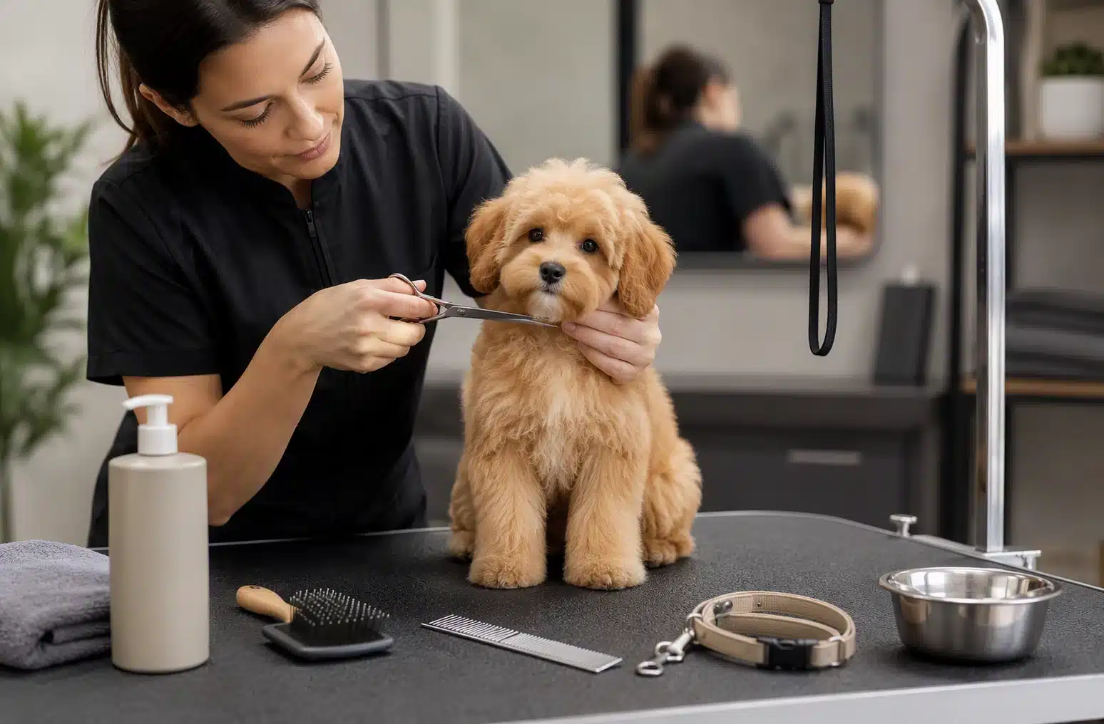 Groomer trimming a fluffy Havapoo puppy on a professional grooming table