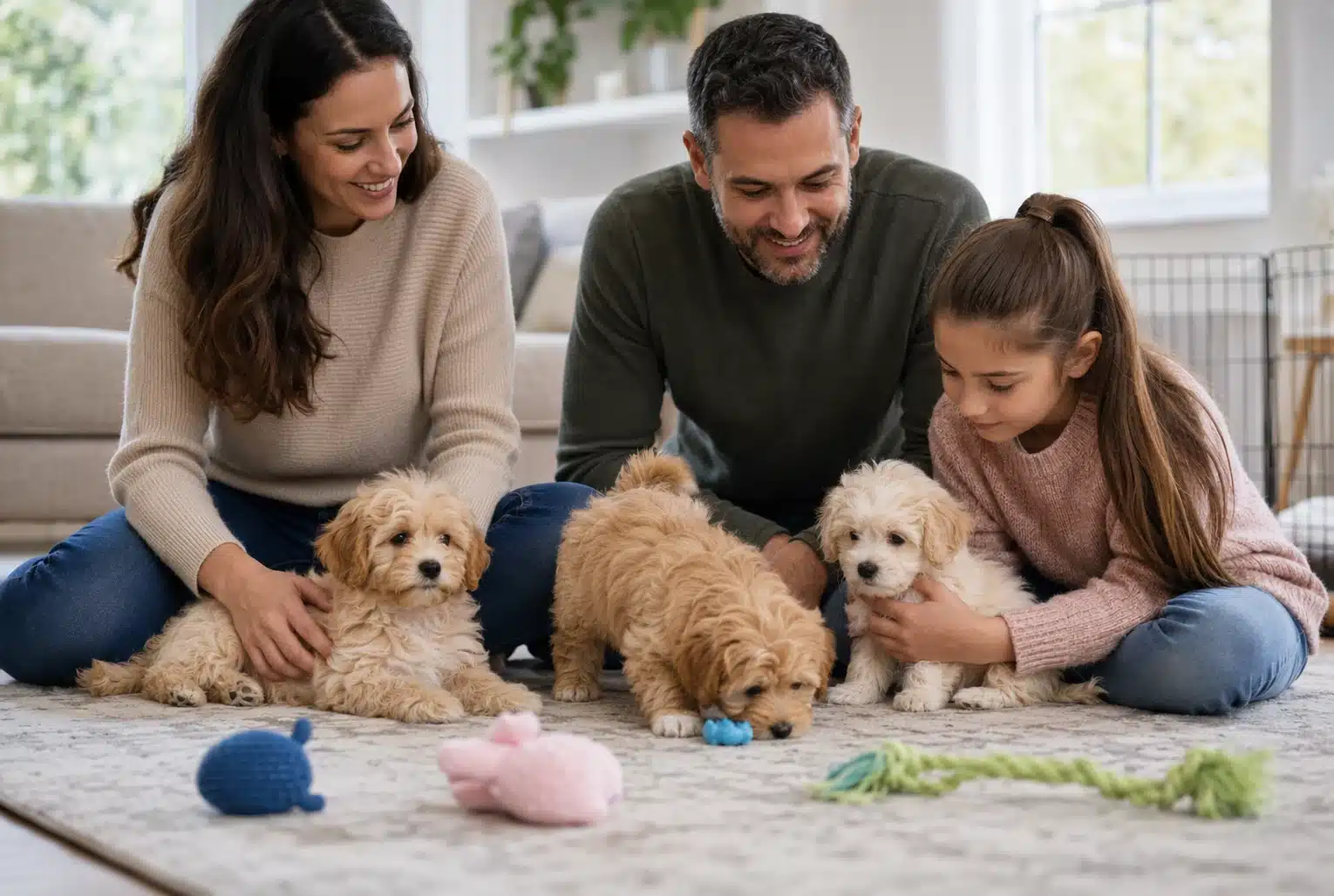 Family observing playful Havapoo puppies indoors