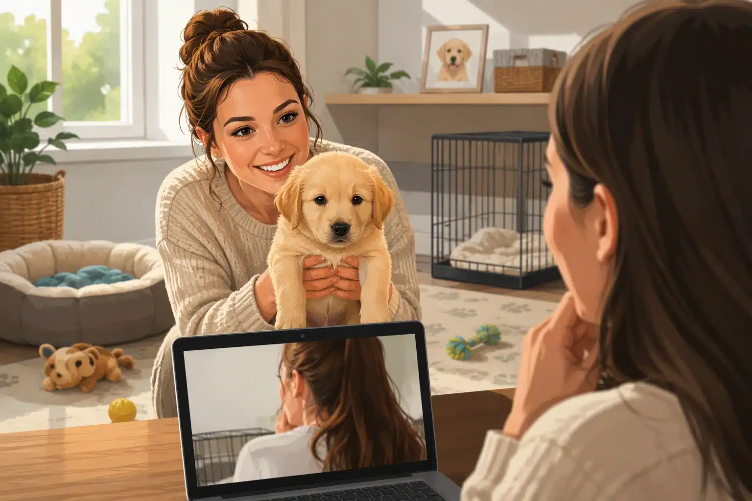 Breeder shows puppy via live video call
