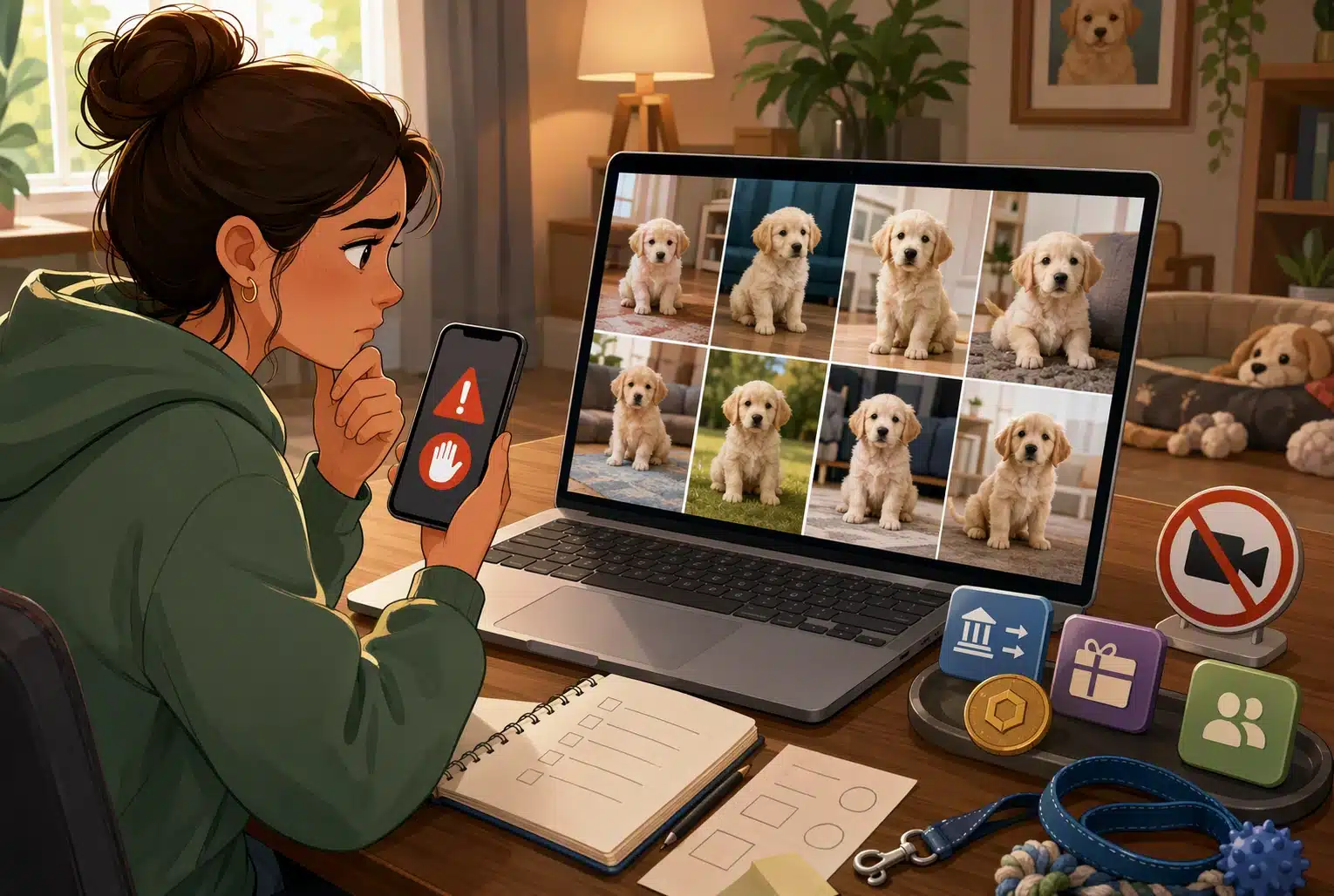 Buyer comparing puppy photos and payment app warnings on smartphone