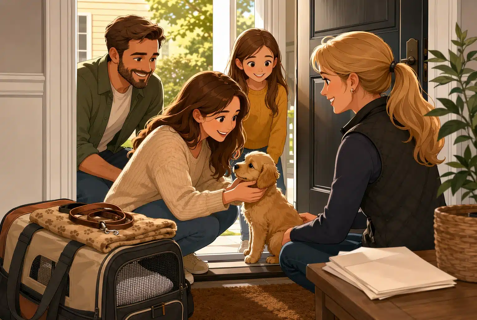Family meeting puppy at front door with travel bag