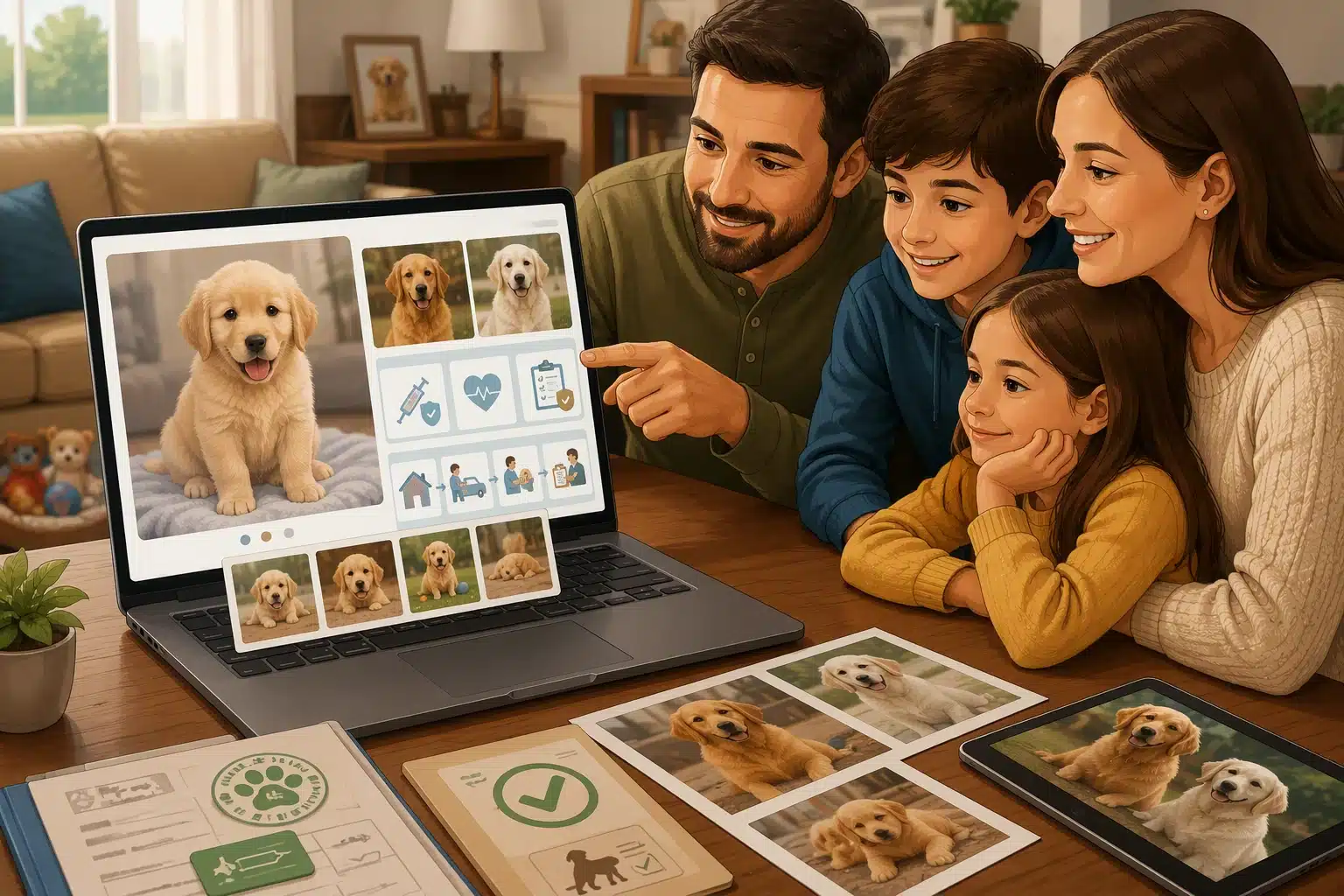 Family reviewing puppy profile on laptop with breeder photos