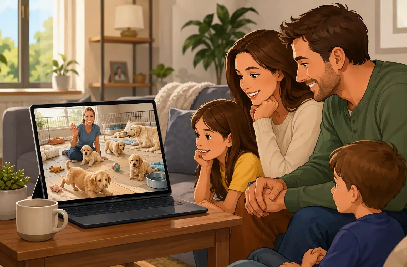 Family watching a puppy nursery video tour