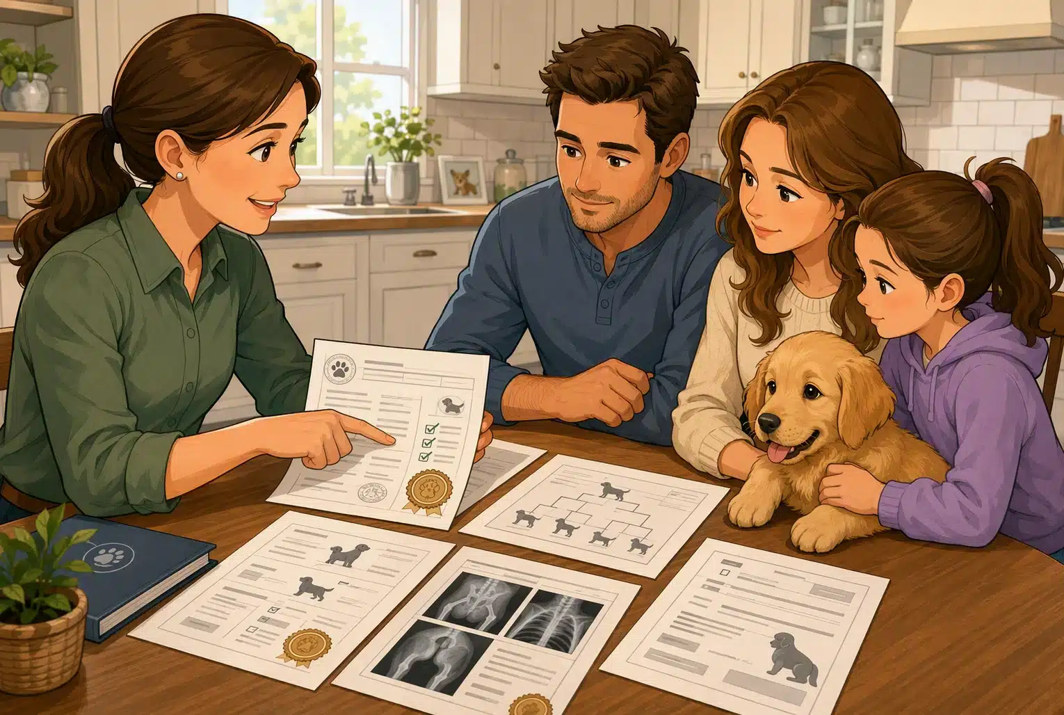 Breeder and family reviewing health records at kitchen table
