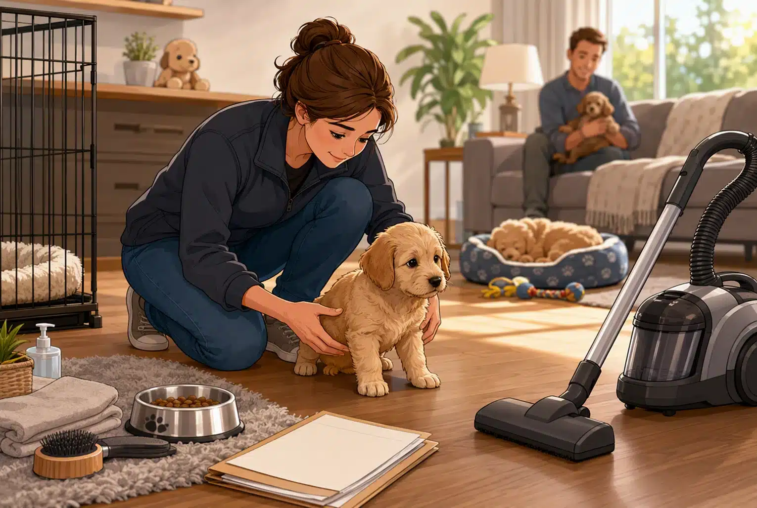 Breeder gently introduces puppy to vacuum noise