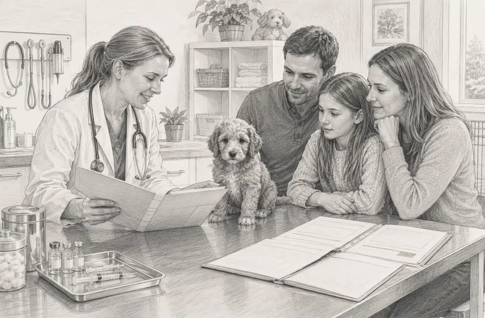 Family reviewing puppy health records with veterinarian