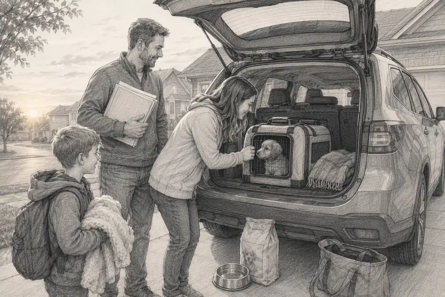 Family loading puppy into SUV at sunrise