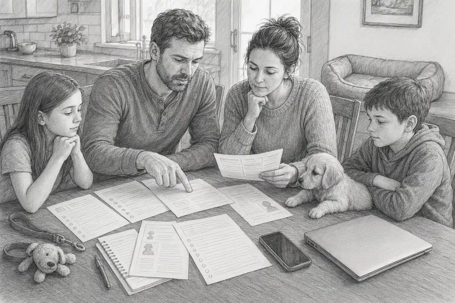 Parents reviewing puppy notes at kitchen table