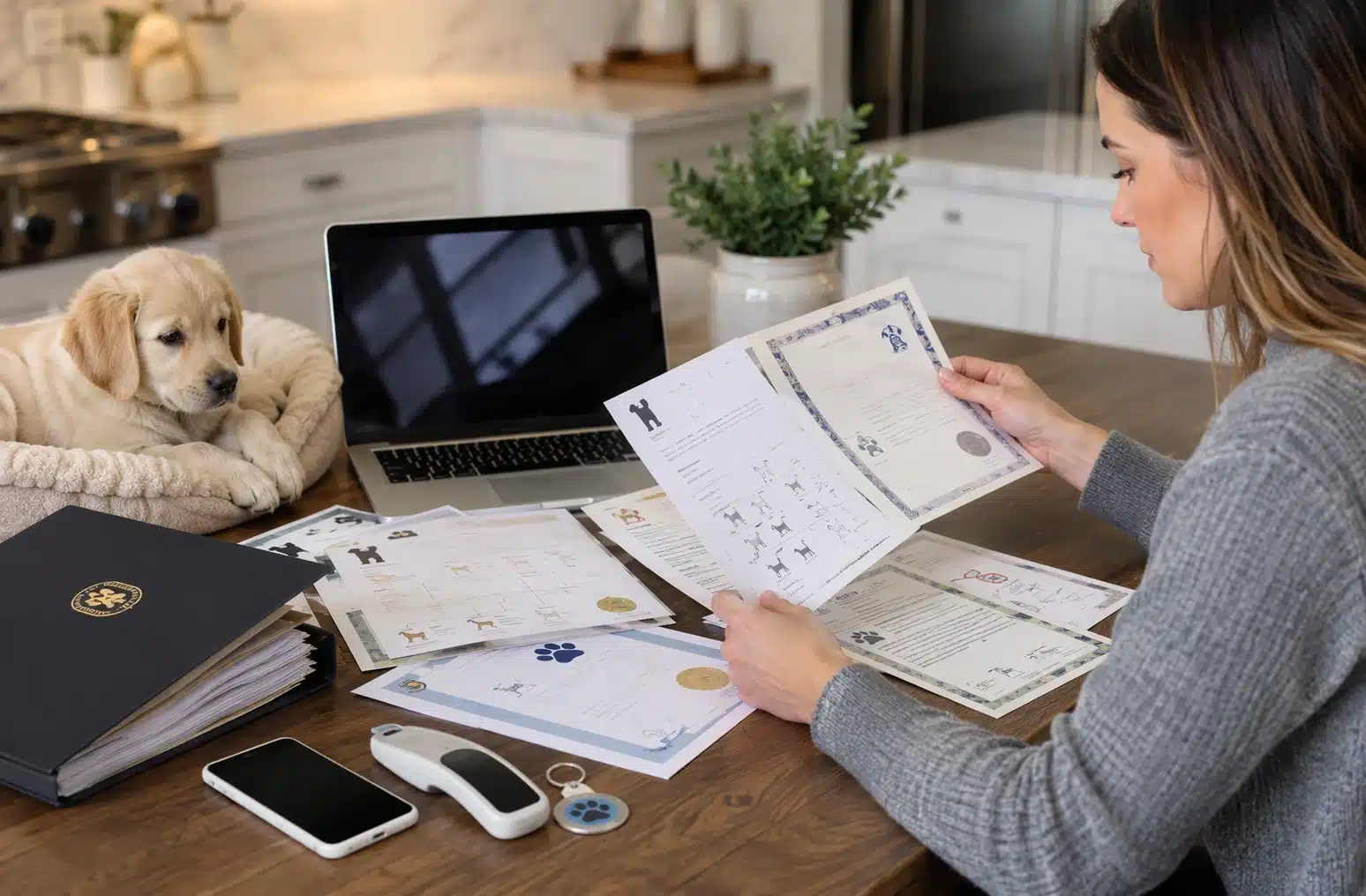 Buyer examining dog health certificates at kitchen table