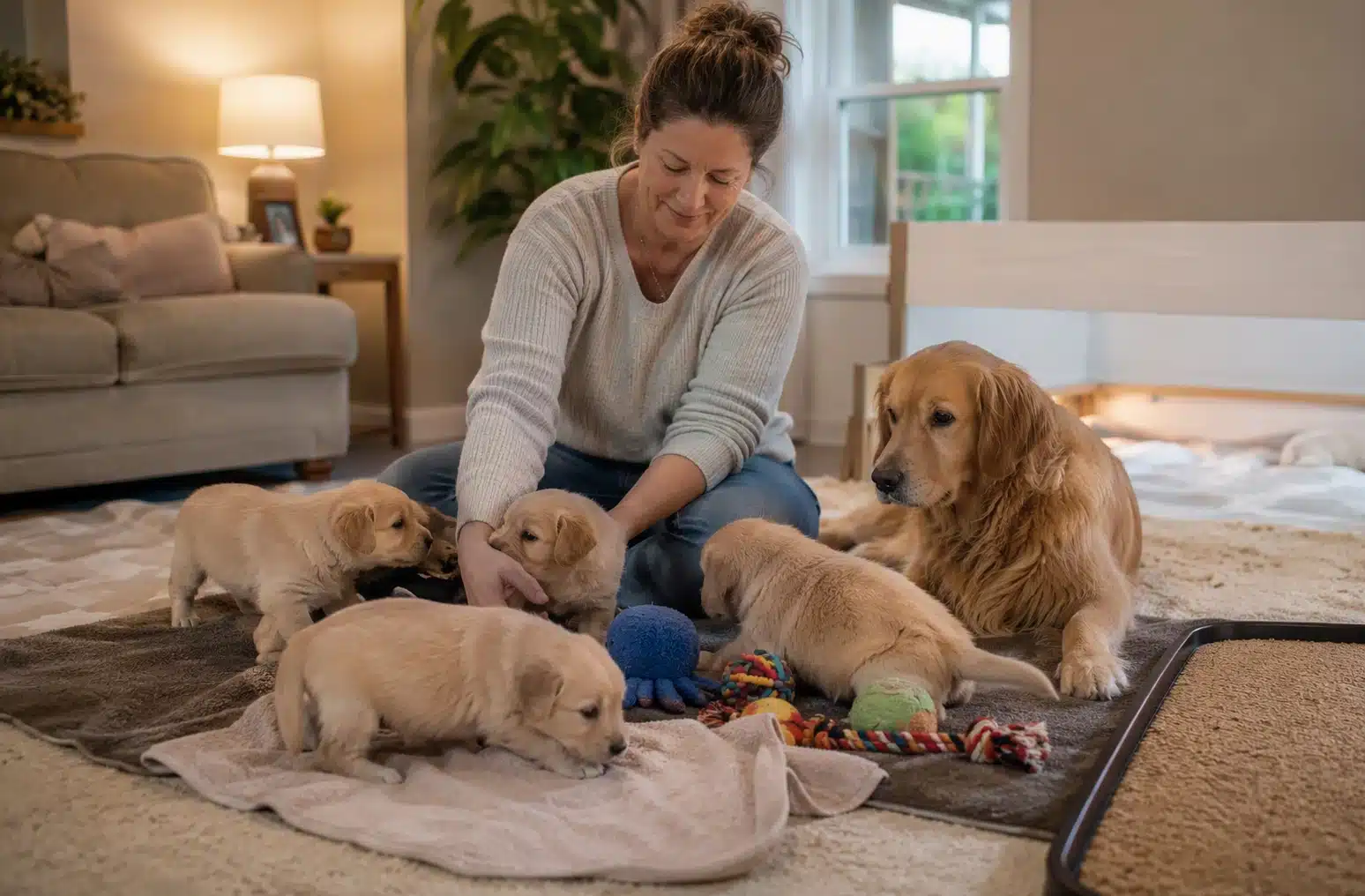 Family breeder with puppies exploring toys