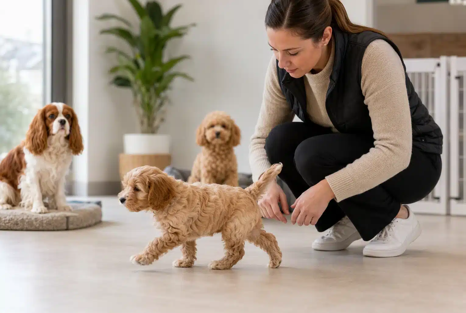 Breeder gently examining puppy’s gait indoors