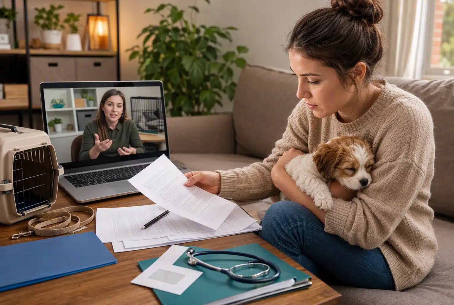 Puppy owner reviewing contract via video call