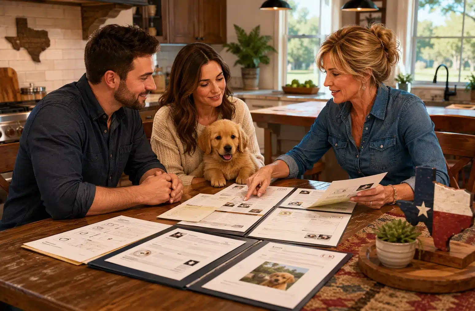 Family reviewing puppy health records at kitchen table