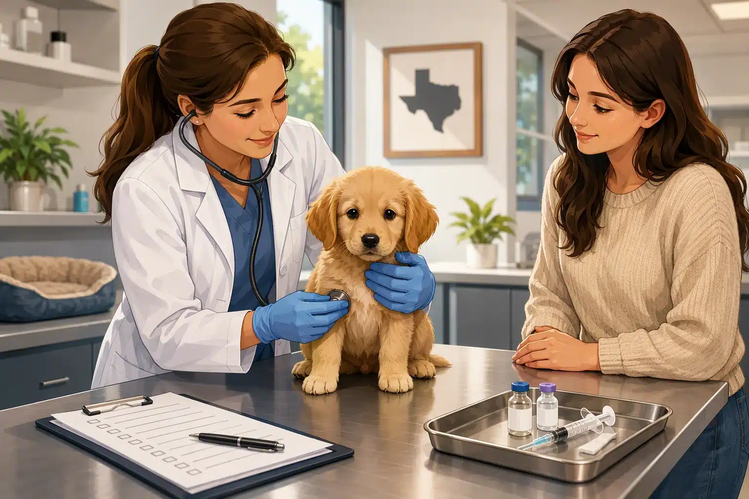 Veterinarian examining puppy on clinic table