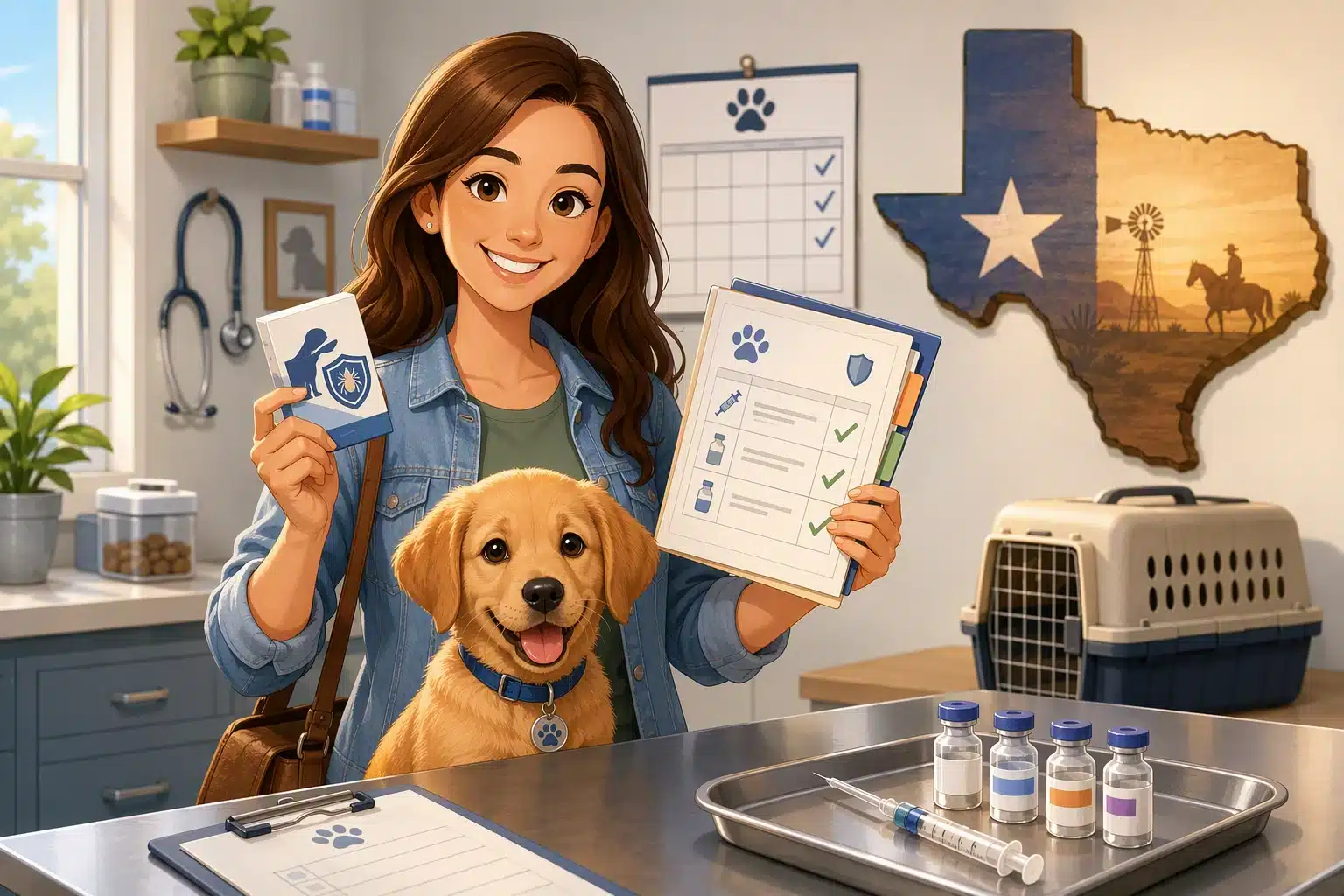 Puppy owner with vaccination records beside Texas map